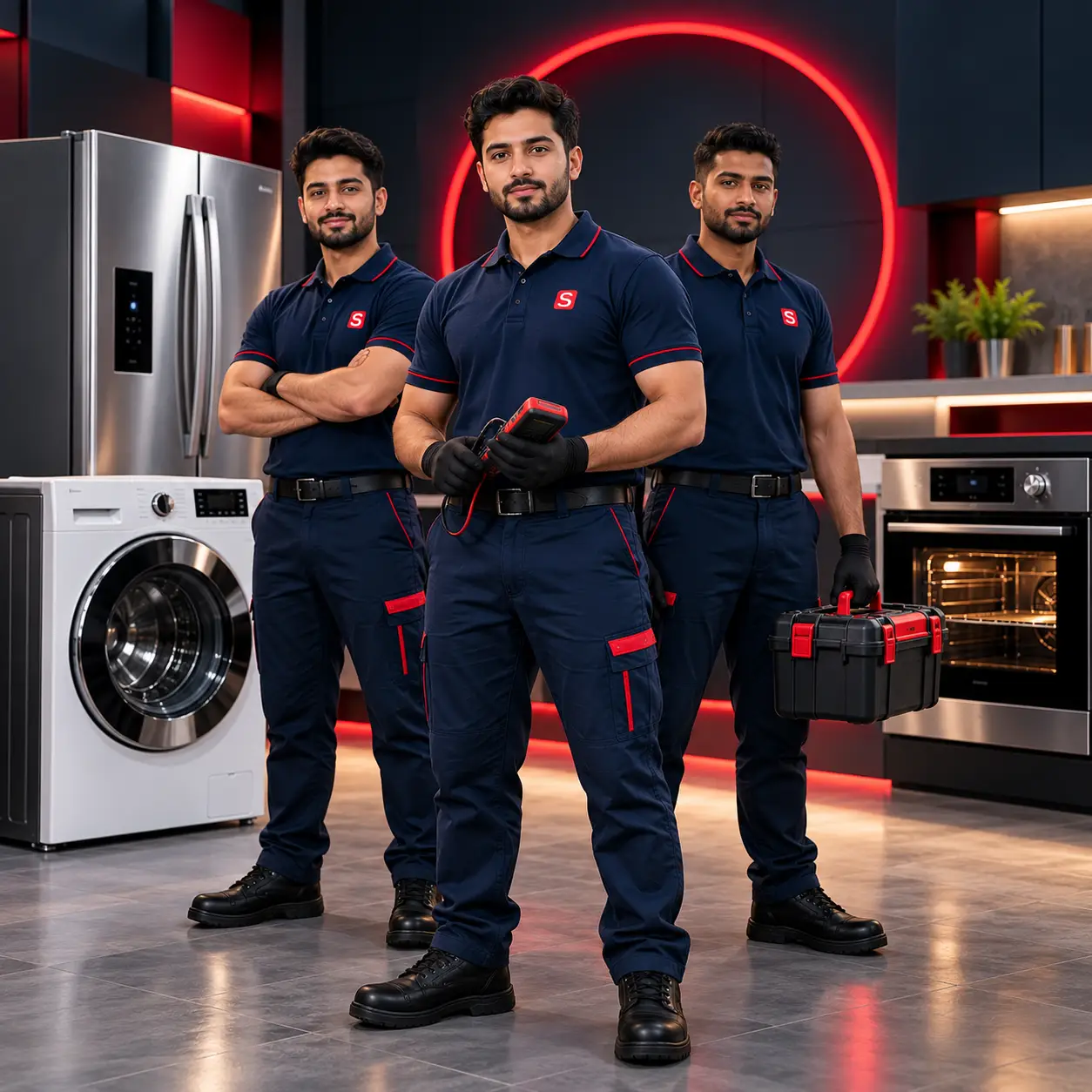 Appliance repair team in a showroom