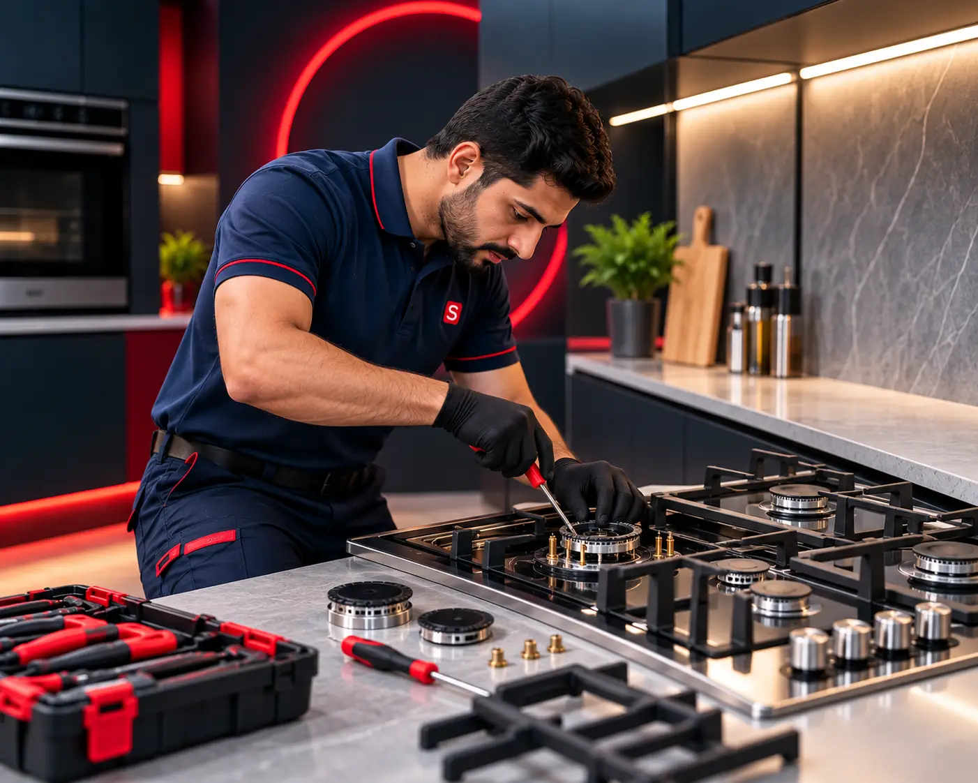 Gas stovetop repair in a sleek kitchen
