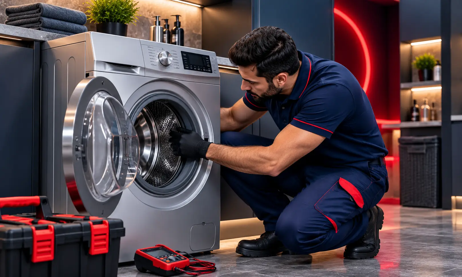 Laundry appliance repair scene