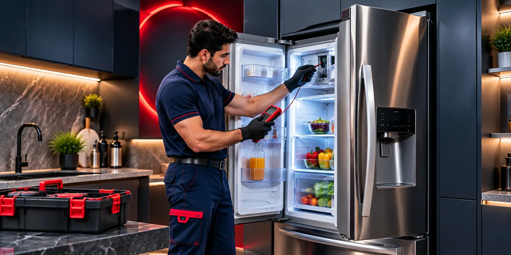 Technician diagnosing a modern refrigerator