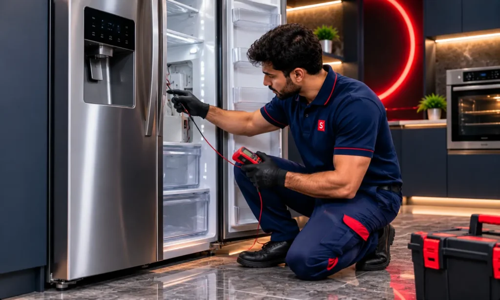 Refrigerator repair scene in a modern kitchen