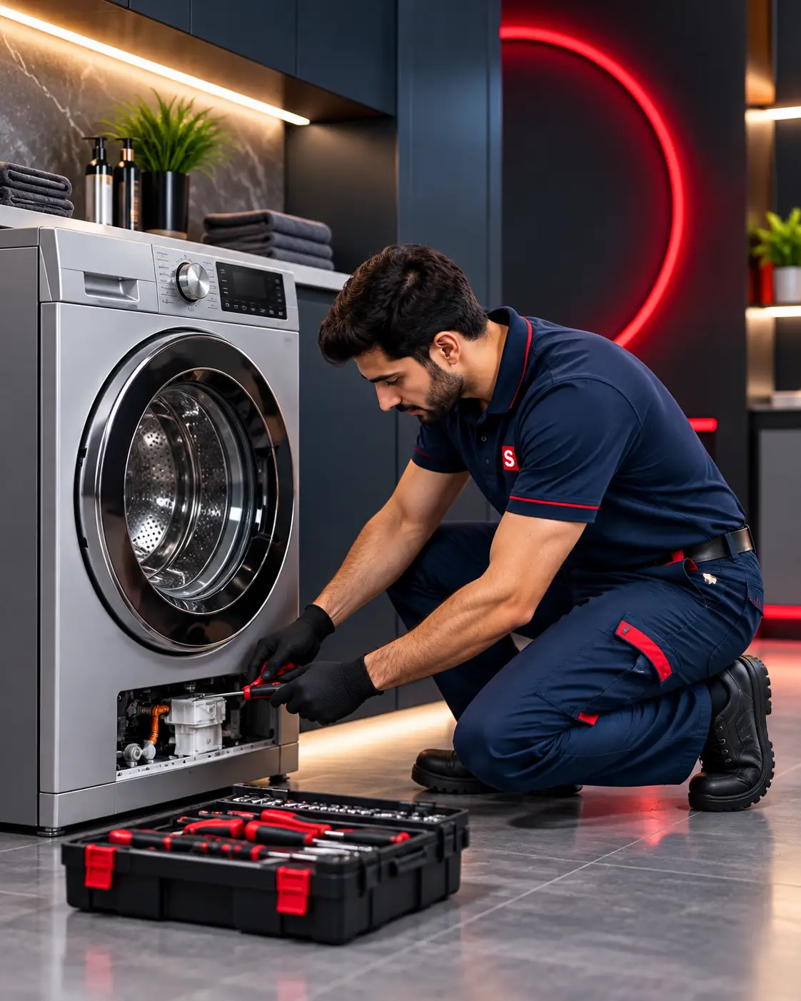 Technician repairing a washing machine