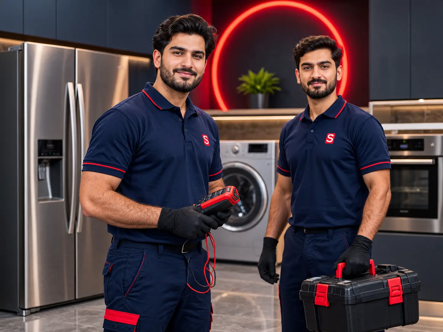 Two appliance repair professionals at work