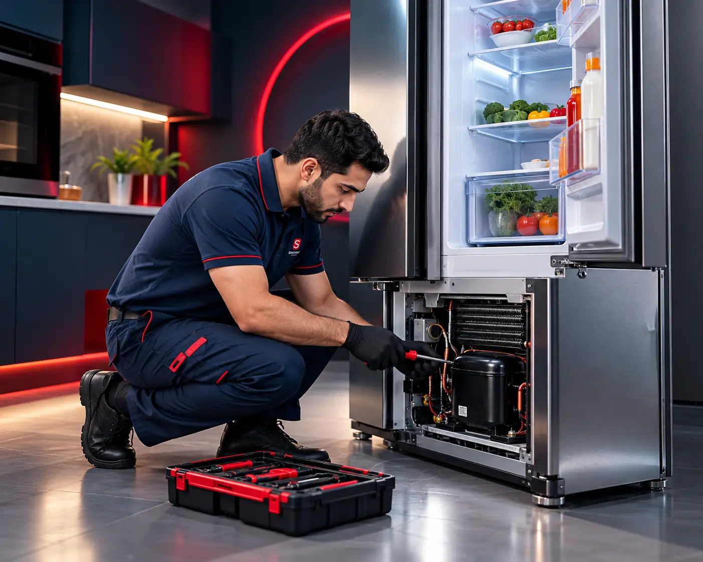 Refrigerator repair in a modern kitchen