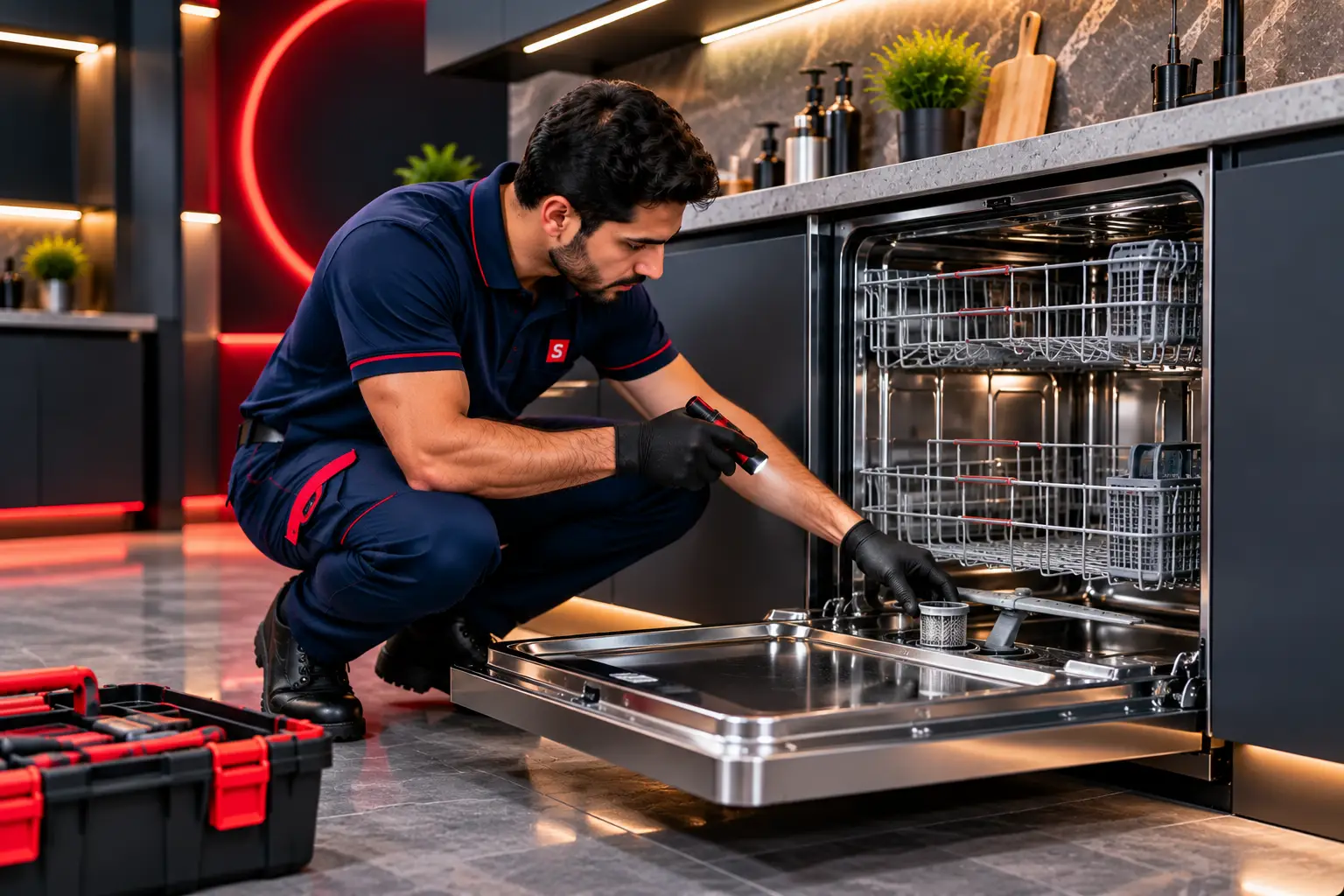 Technician inspecting a modern dishwasher