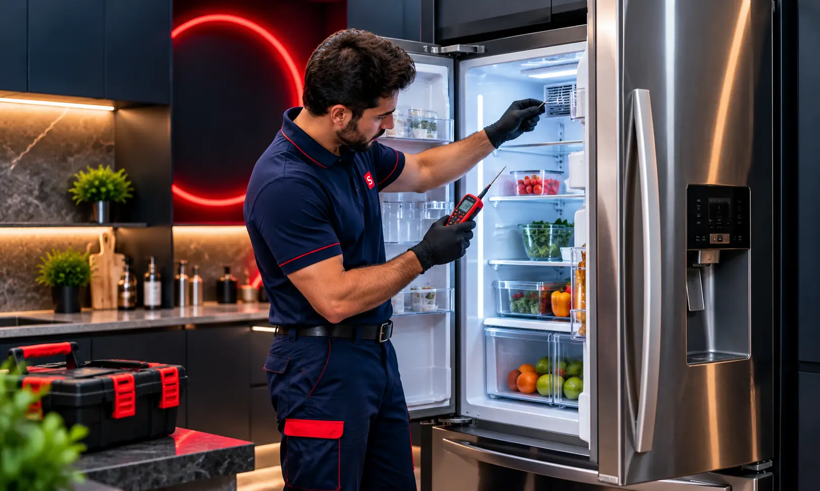 Technician inspecting a modern refrigerator