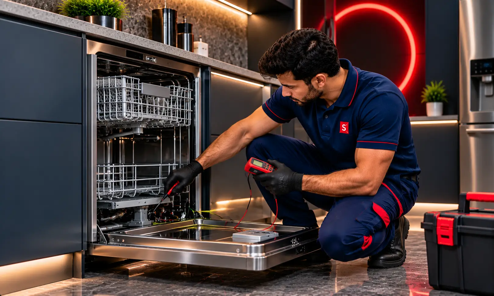 Technician repairing a dishwasher in a modern kitchen