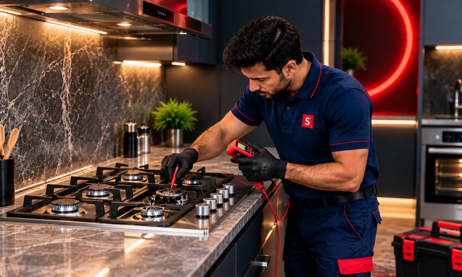 Technician repairing a gas cooktop