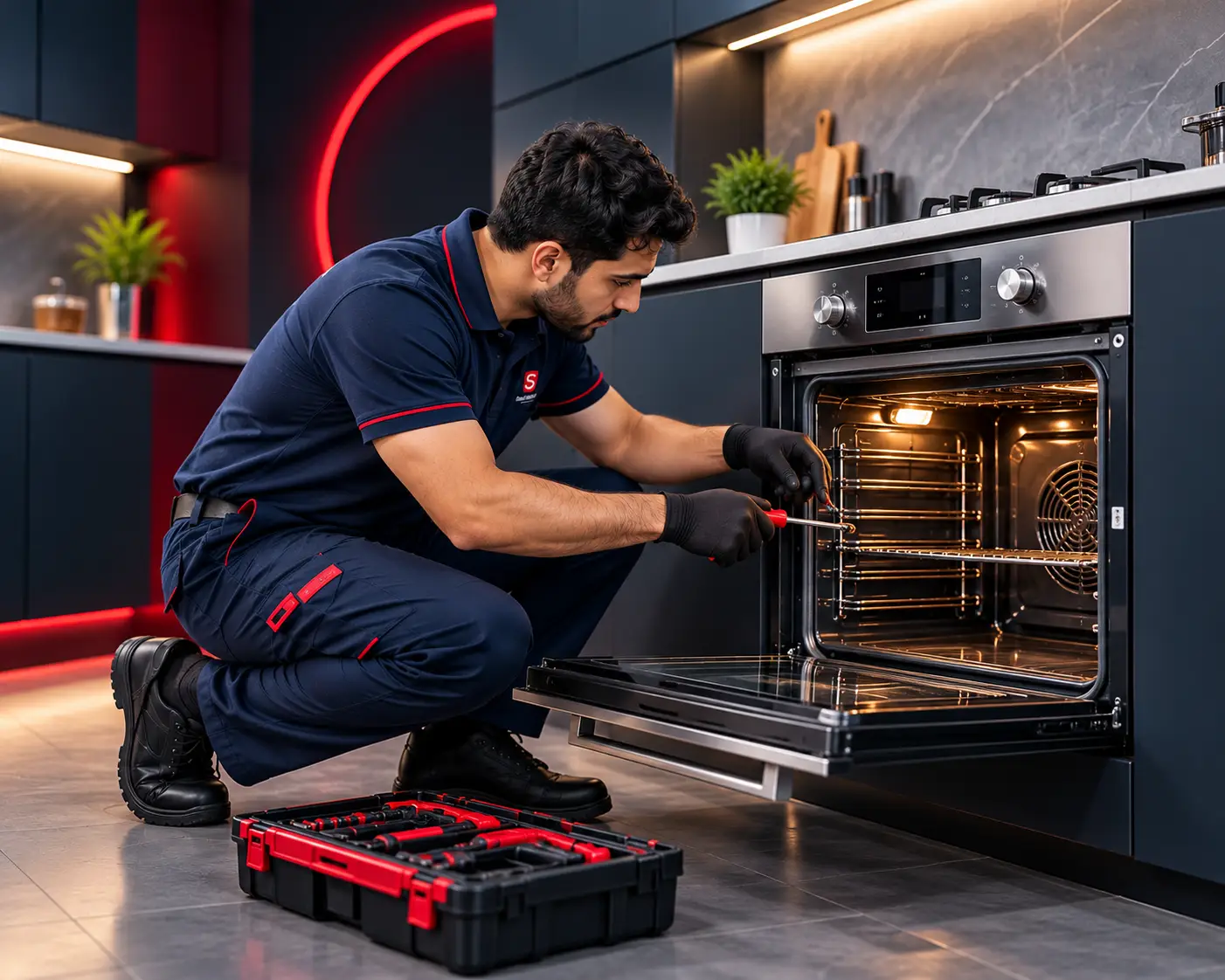 Technician repairing a modern oven