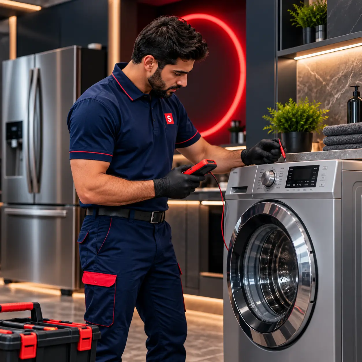 Technician testing a washer in a modern utility space