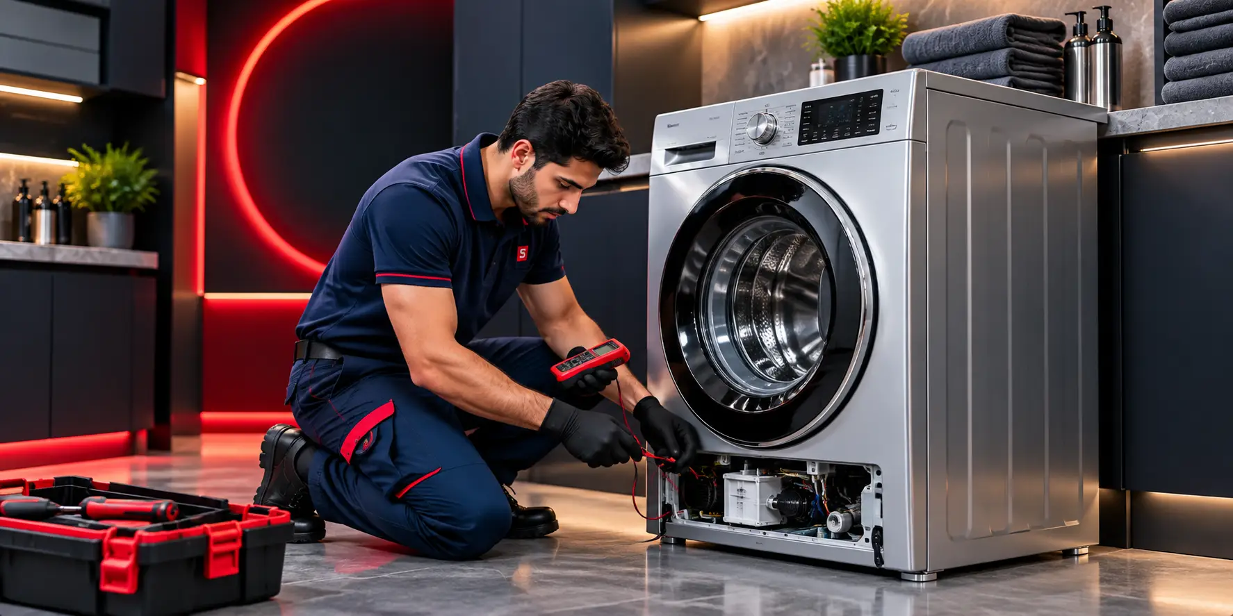 Washing machine repair in a modern utility room